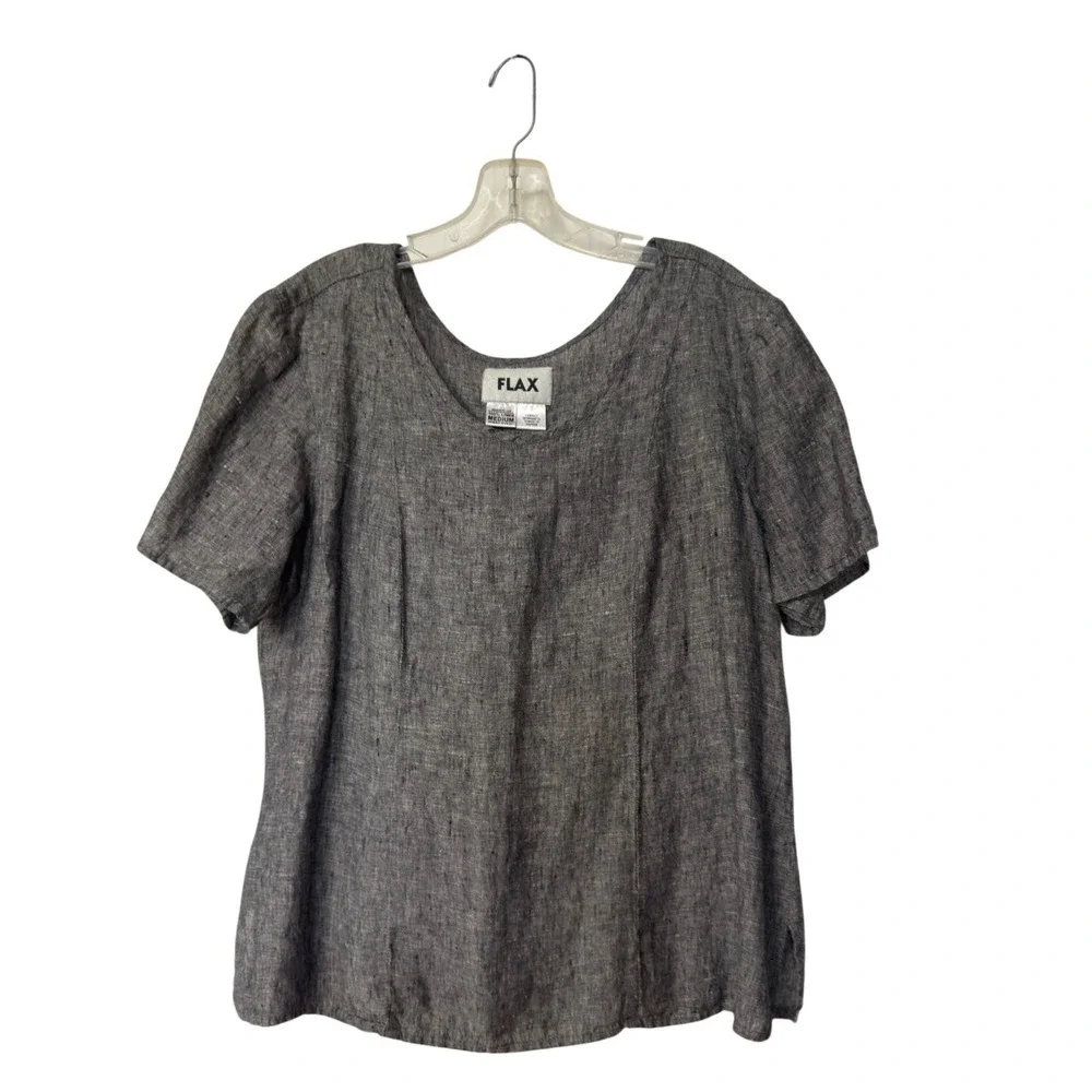 FLAX Women Medium Gray 100% Linen Short Sleeve Scoop Neck Blouse Lagenlook Top